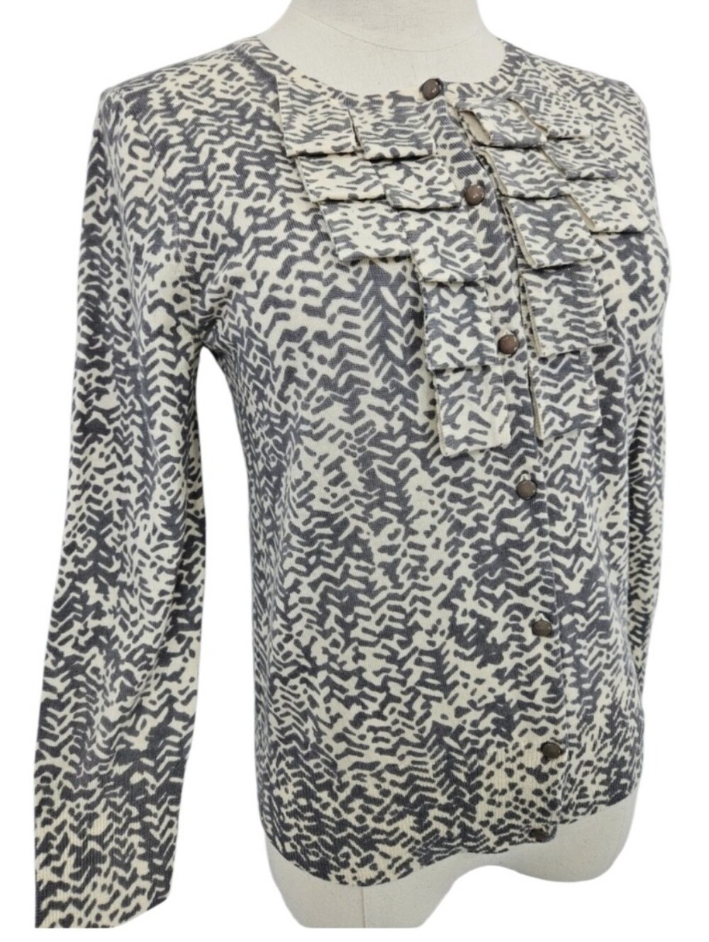 J. Crew Cream and Gray Ruffle-Front Cardigan